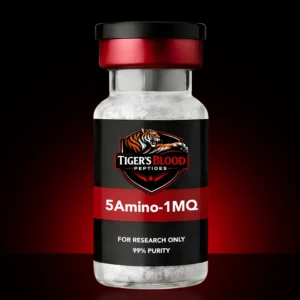 Bottle of Tiger’s Blood peptides for research only, labeled 5Amino-1MQ, 99% purity, on a dark background with red highlight.