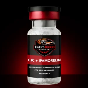 Bottle of Tiger's Blood Peptides labeled 'CJC + Ipamorelin' for research only, white powder inside, on a dark gradient background.