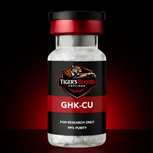 Bottle of Tiger's Blood Peptides with GHK-Cu label, for research only, 99% purity, black and red design under a dark background