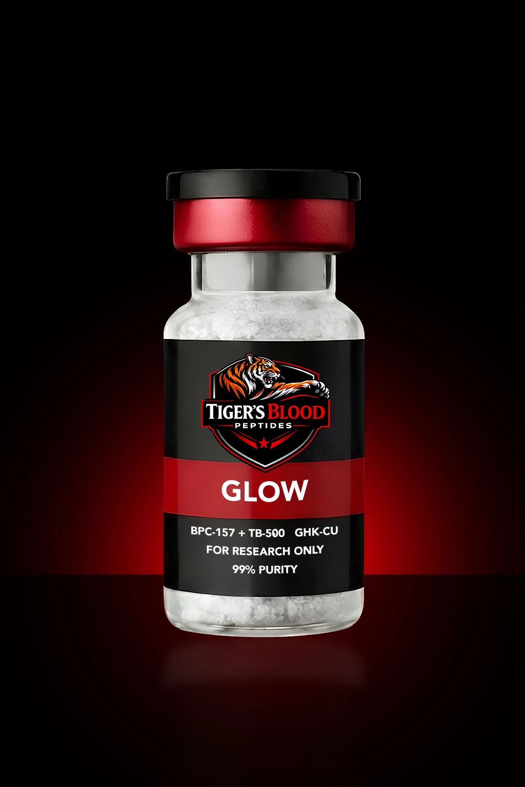 Bottle labeled Tiger's Blood Peptides with a tiger logo, red and black design, reading 'GLOW' for research use only (99% purity).