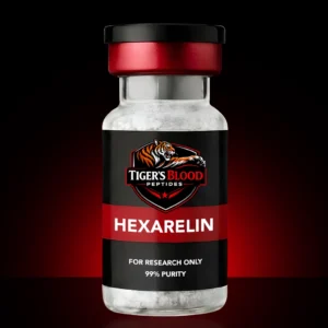 Bottle of Hexarelin peptide from Tiger's Blood Peptides with black/red label; text reads 'FOR RESEARCH ONLY' and '99% PURITY'.