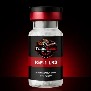 Vial labeled Tiger's Blood Peptides IGF-1 LR3 for research only, 99% purity, black and red design.