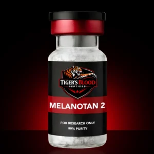 Bottle of Melanotan 2 peptide by Tiger's Blood Peptides, labeled for research use only, 99% purity, red and black packaging.