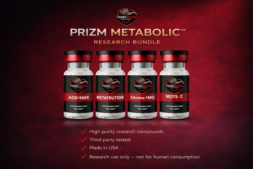 Four labeled peptide bottles (AOD-9604, RETATRUTIDE, 5Amino-1MQ, MOTS-C) sit under a 'Prizm Metabolic Research Bundle' header on a red gradient background with the Tiger's Blood logo above.