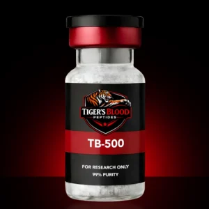 TB-500 peptide bottle labeled 'For Research Only' from Tiger's Blood Peptides, shown against a dark red glow.